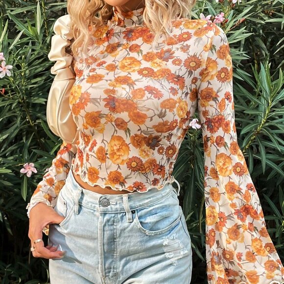 Multicolor Women's Stand Collar Floral Printed Bell Sleeve sheer Top - Picture 5 of 6